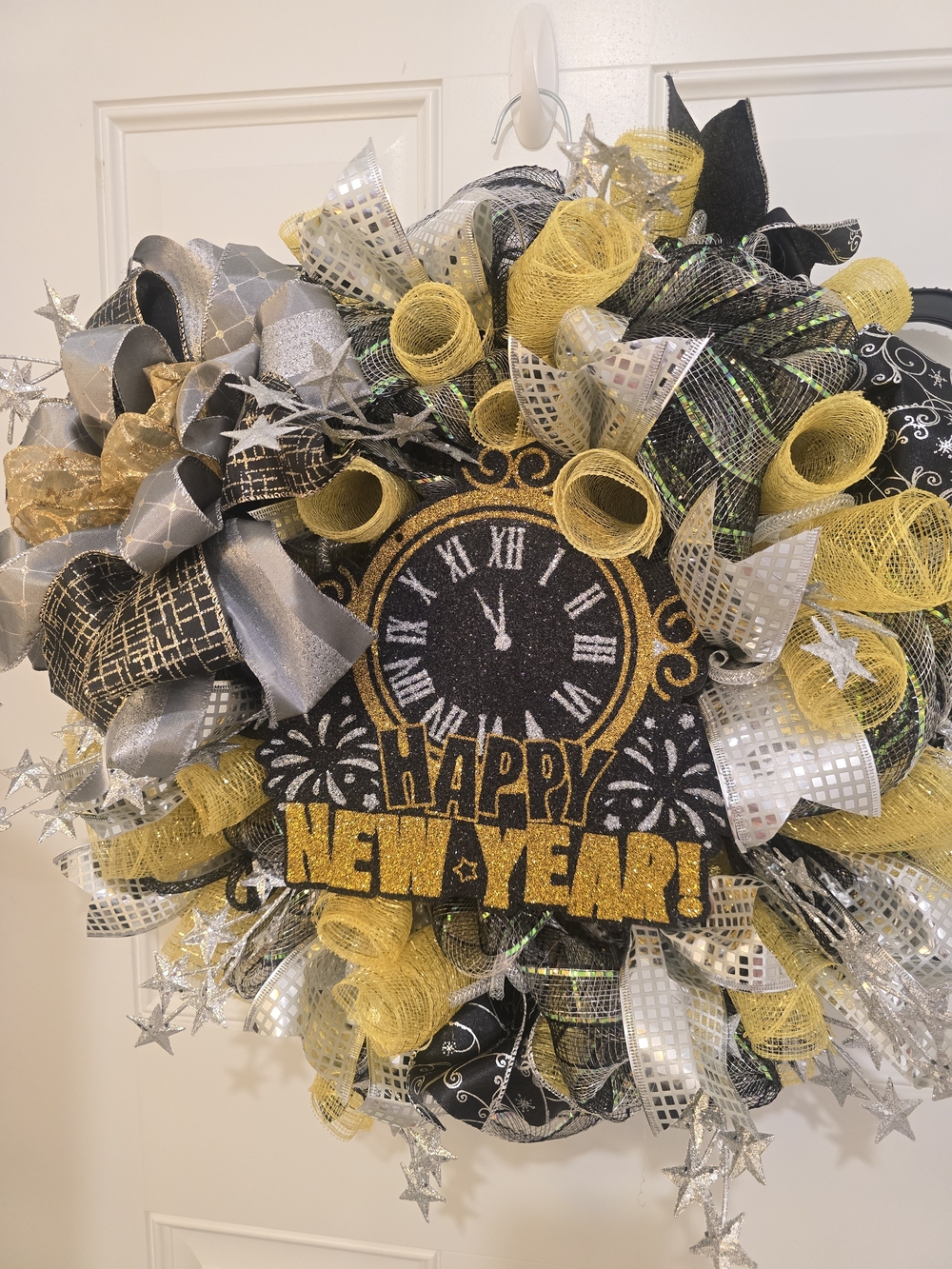 Happy New Year Decorative Wreath with Clock Center - Gold, Silver, Black